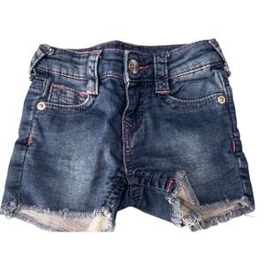 True Religion Denim Shorts Frayed Hem Pink Stitching Girl Size 2T